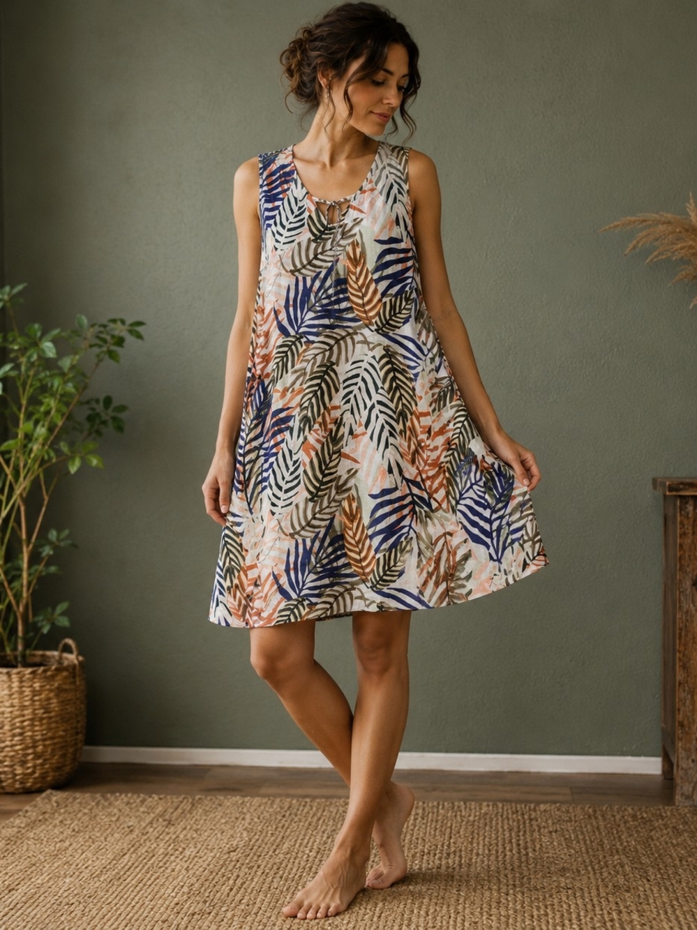 Tahari Sleeveless Linen Dress in Navy, Olive & Rust Leaf Print